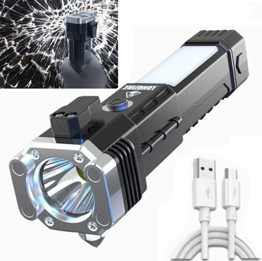 Multi-Functional Flashlight With Power Bank, Window Breaker,